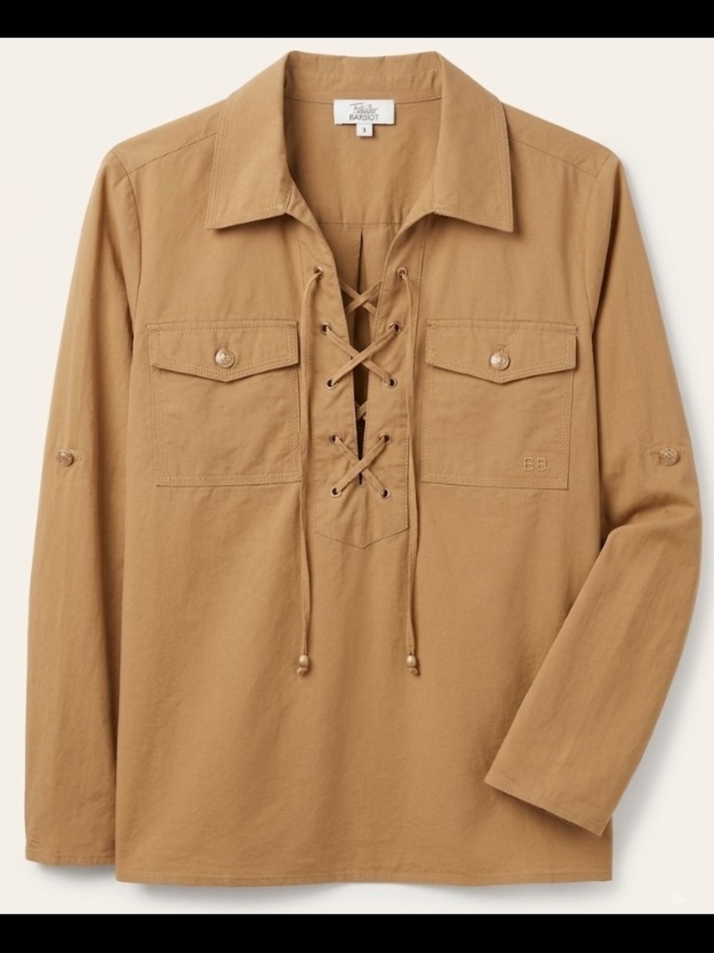 Brigitte Bardot Paris "Zenith" Lace-Up Pullover Shirt Tan (M) Structured Cotton